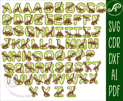 Dinosaur alphabet letter set. 72 letter options