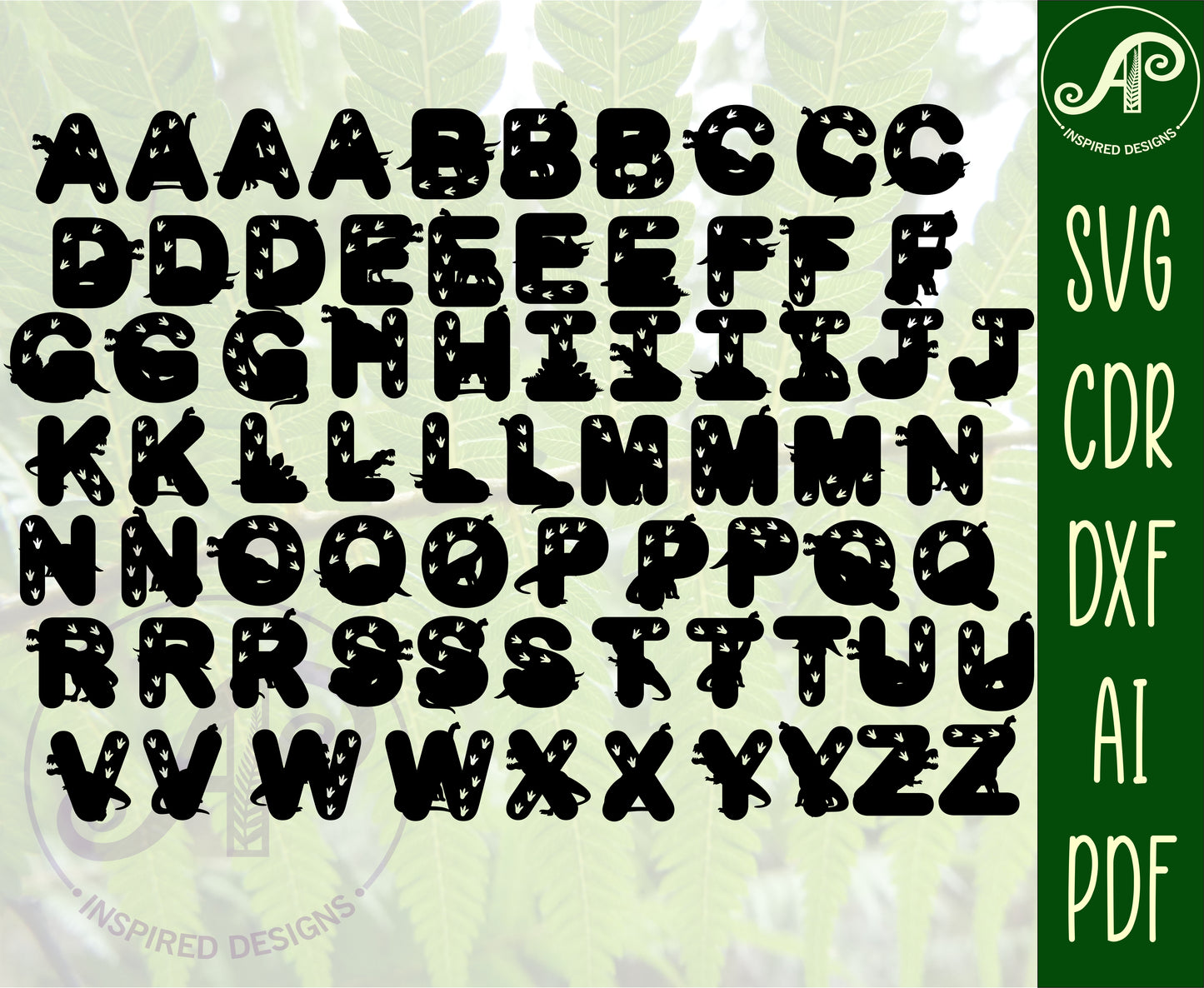 Dinosaur alphabet letter set. 72 letter options