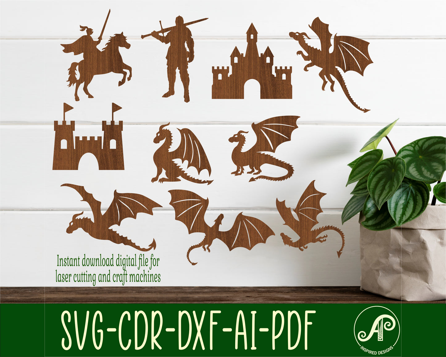 Dragons, castles and knights designs, 10 silhouette shapes