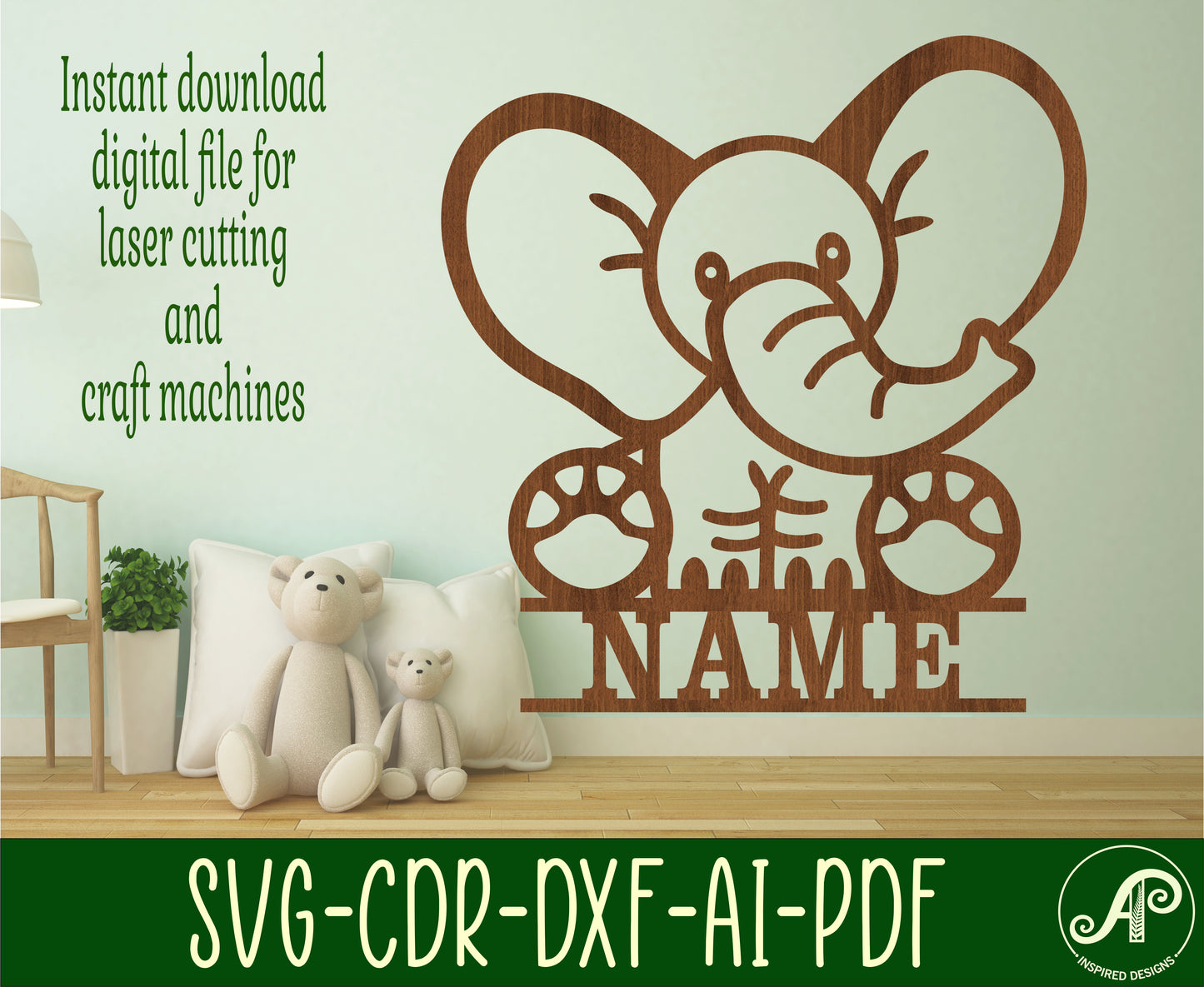 Elephant shape name sign SVG / DXF / AI / PDF / CDR