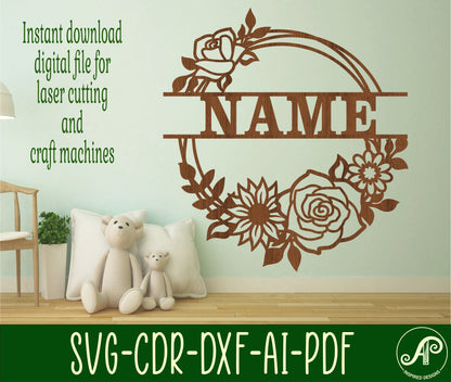 Floral name wall sign. SVG / DXF / AI / PDF / CDR