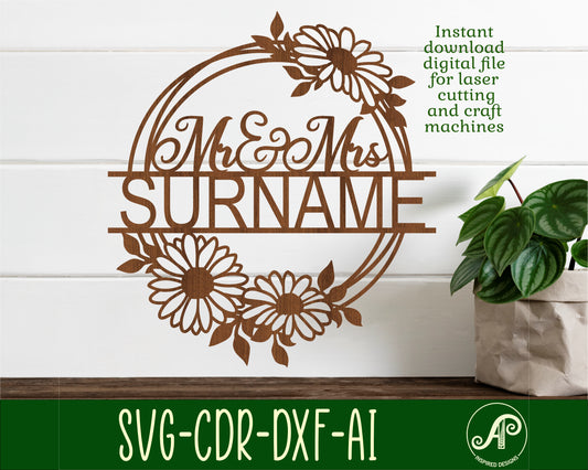 Flower wreath Mr and Mrs name sign SVG / DXF / AI / PDF / CDR