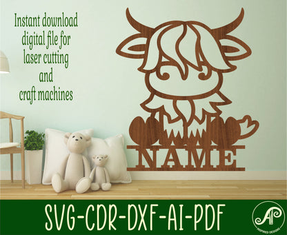 Cute Highland cow shape name sign SVG / DXF / AI / PDF / CDR