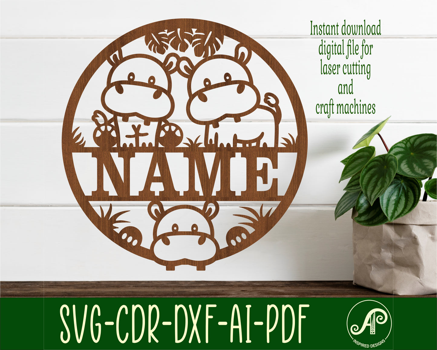 Hippo name wall sign. SVG / DXF / AI / PDF / CDR