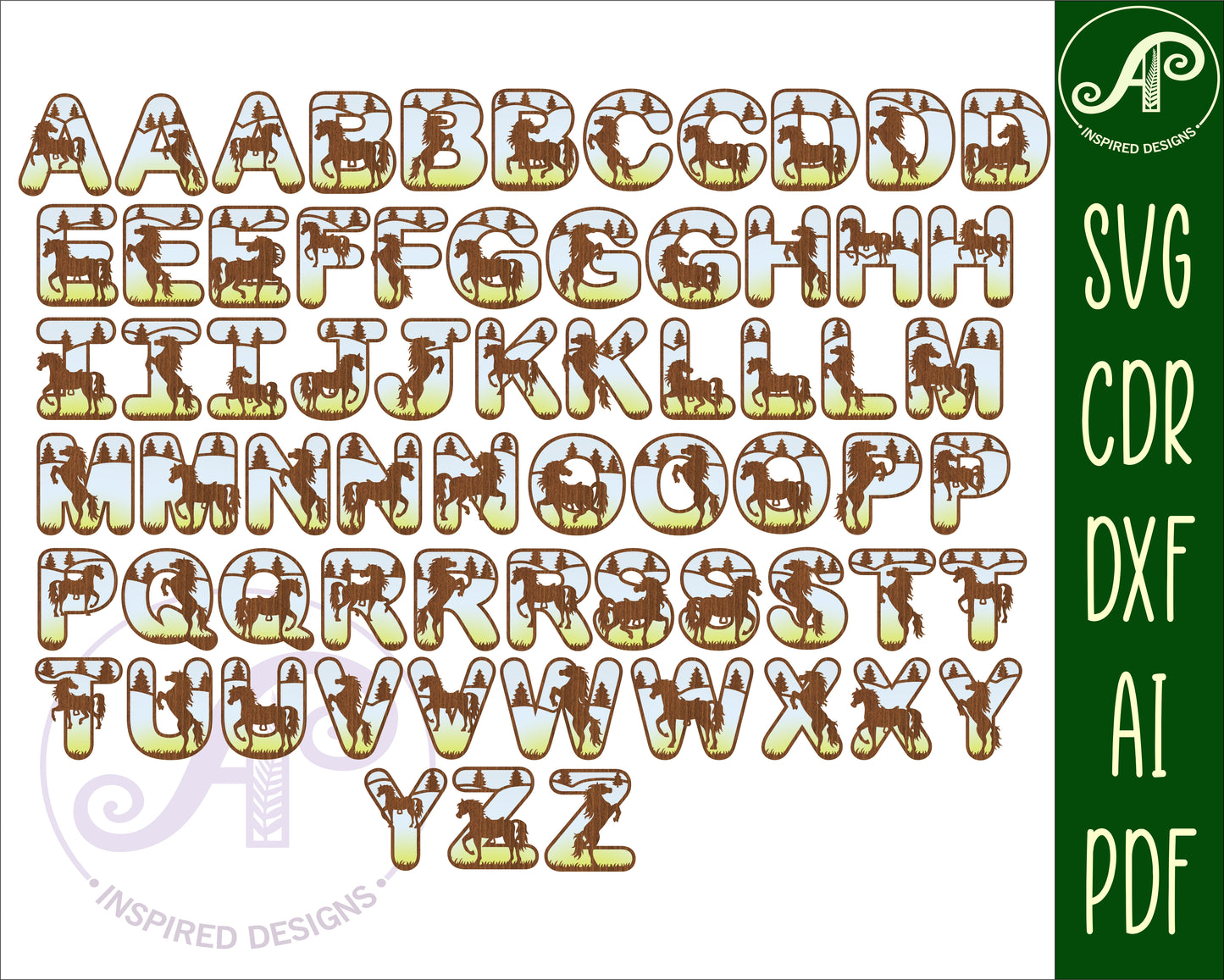 Horse alphabet letter set. 93 letter options