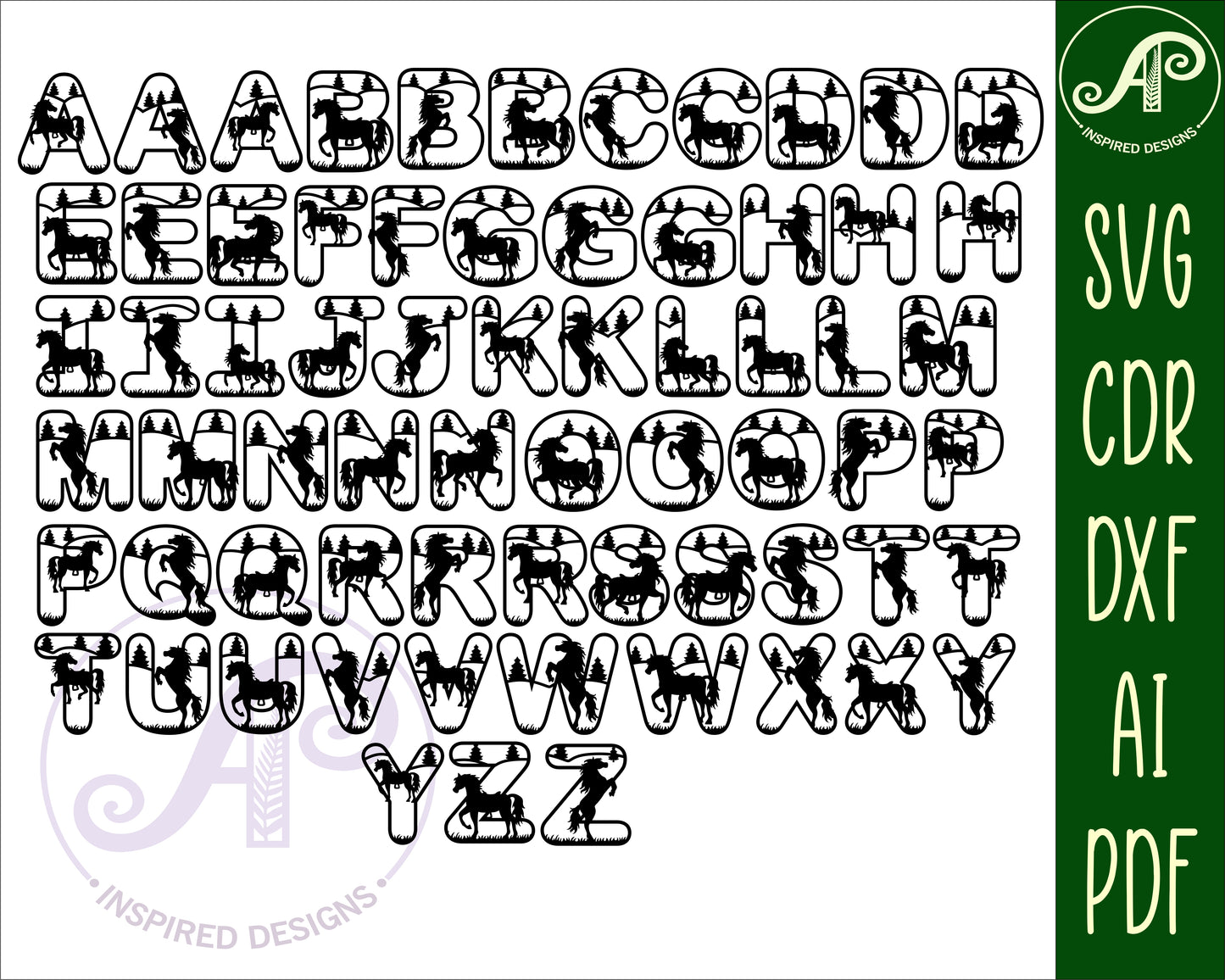 Horse alphabet letter set. 93 letter options