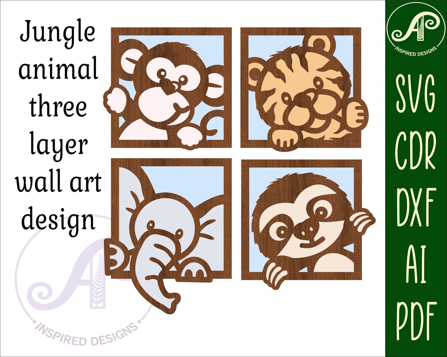 Square jungle animal wall sign set SVG / DXF / AI / PDF / CDR