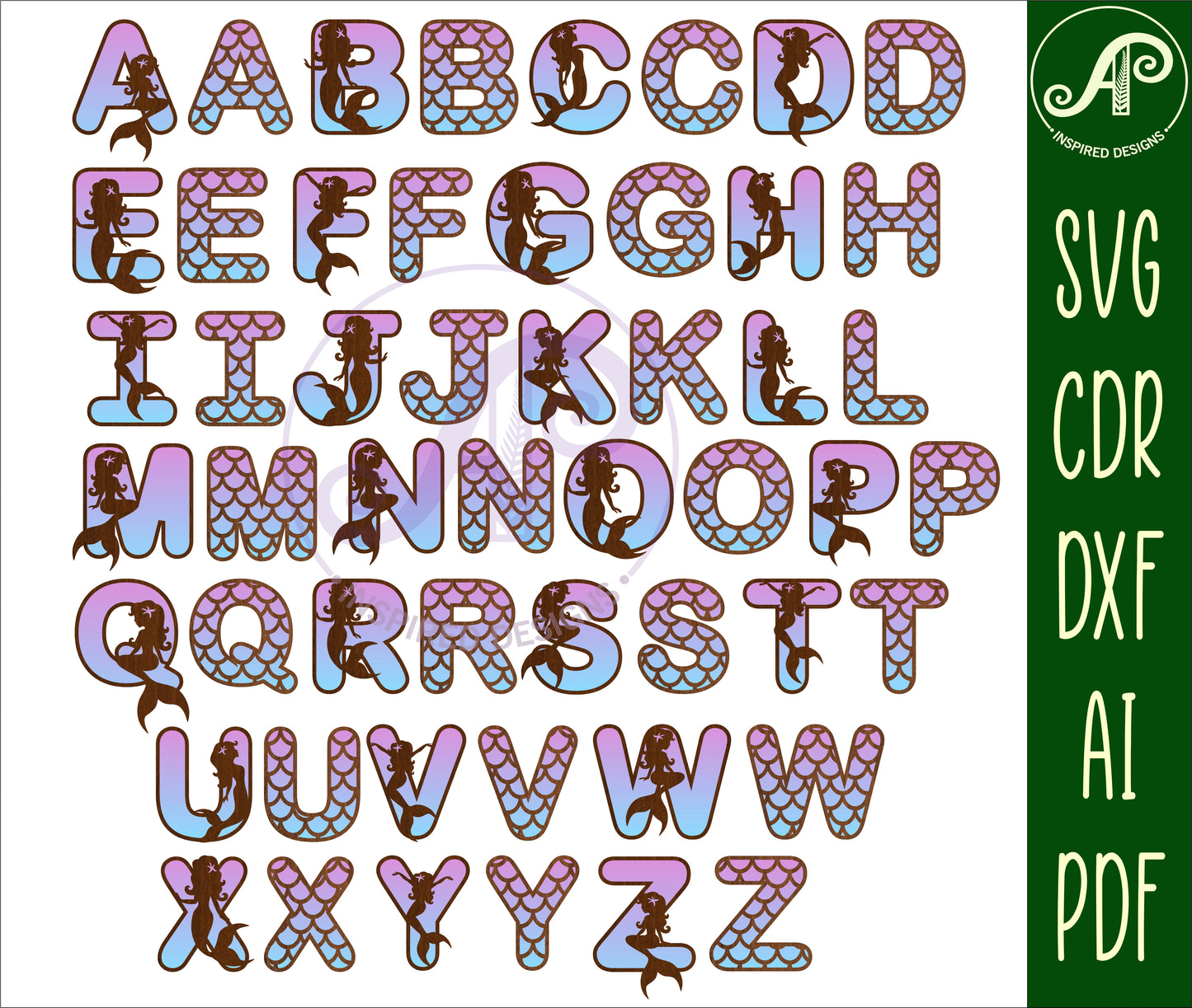 Mermaid scale alphabet letter set. 52 letter options