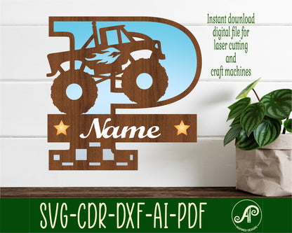 Monster truck layered monogram sign SVG / DXF / AI / PDF / CDR