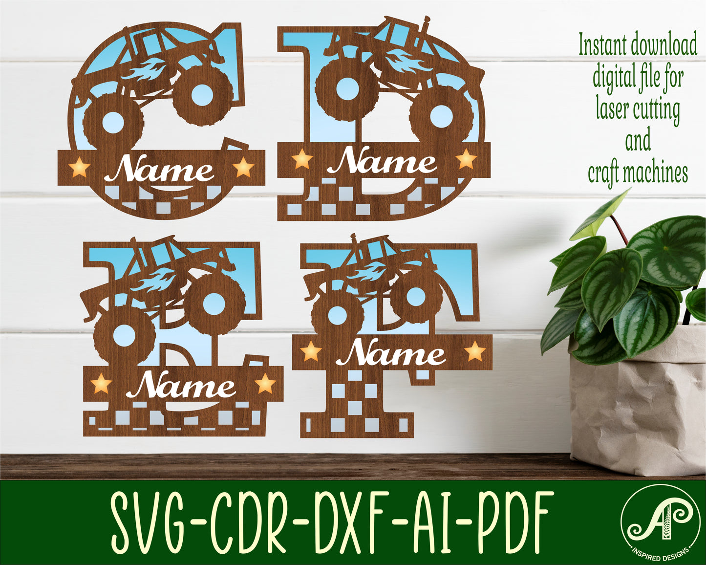 Monster truck layered monogram sign SVG / DXF / AI / PDF / CDR