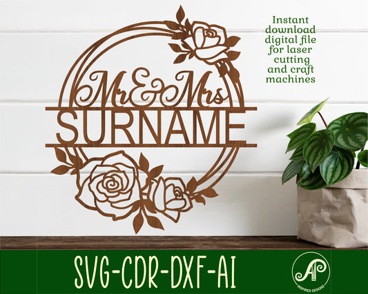 Rose wreath mr and mrs name sign SVG / DXF / AI / PDF / CDR