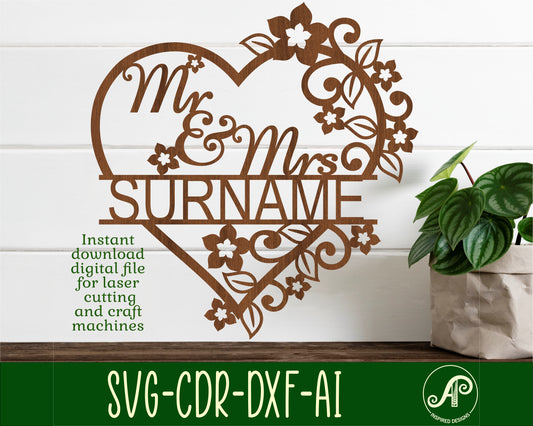 Floral heart Mr and Mrs shape name sign SVG / DXF / AI / PDF / CDR