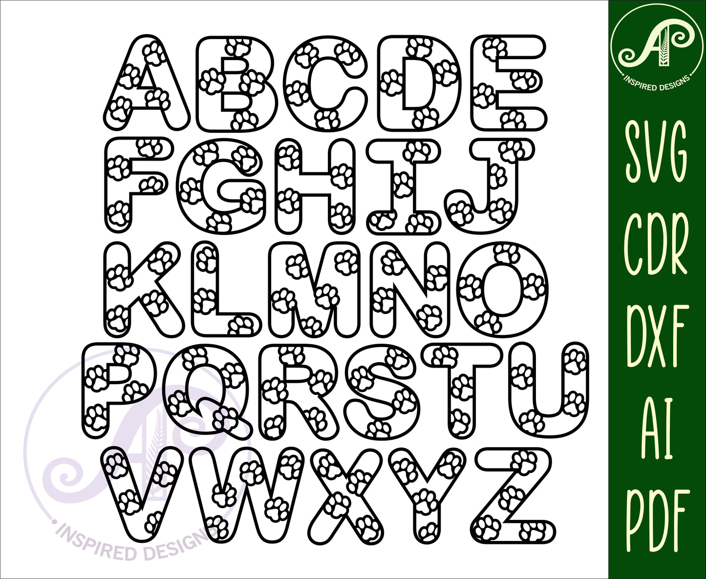 Paw print alphabet letter set. 26 letter options