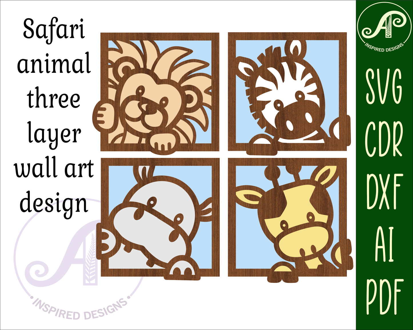 Square safari animal wall sign set SVG / DXF / AI / PDF / CDR