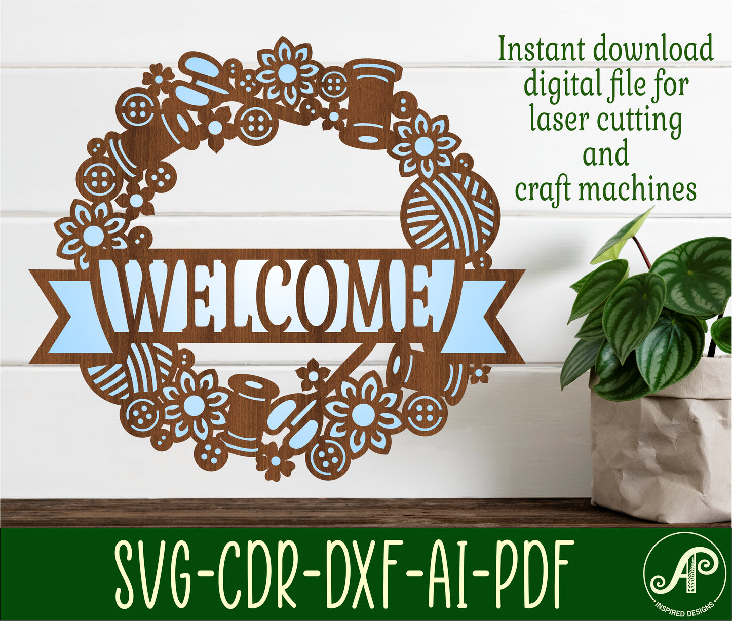 Sewing wreath name wall sign. SVG / DXF / AI / PDF / CDR