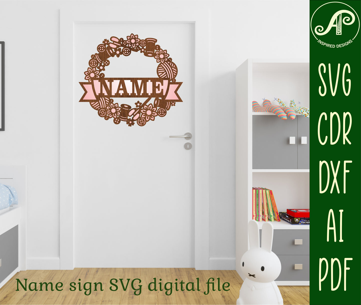 Sewing wreath name wall sign. SVG / DXF / AI / PDF / CDR