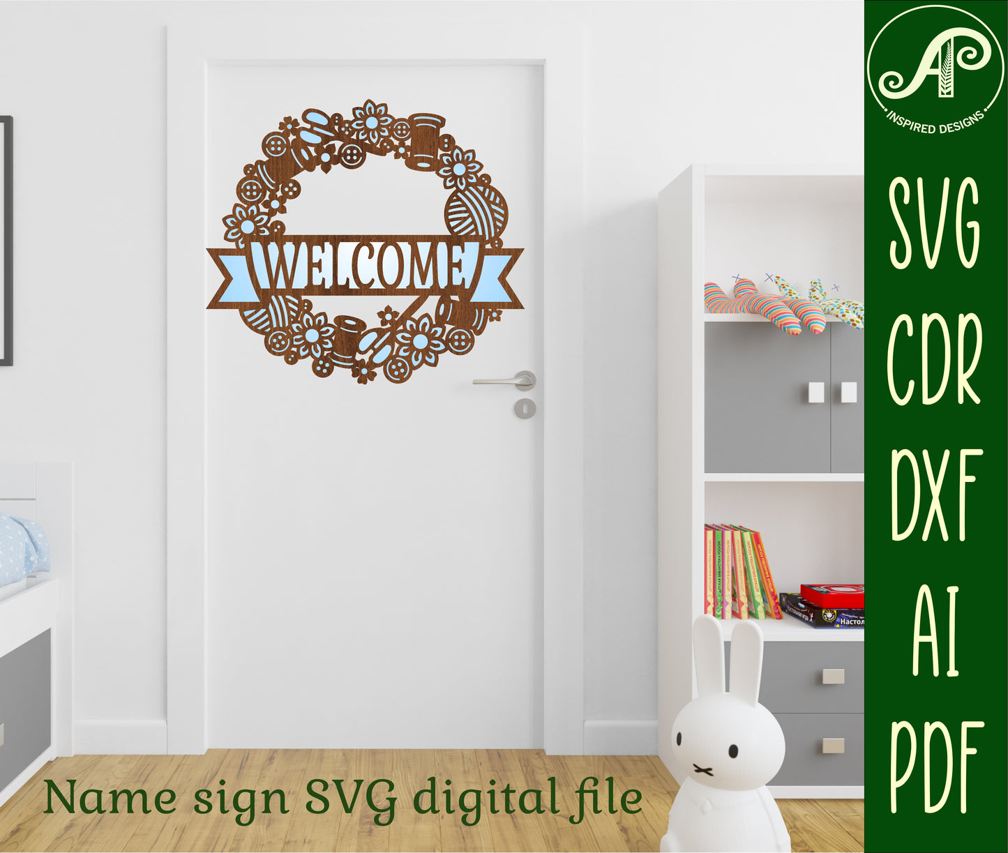 Sewing wreath name wall sign. SVG / DXF / AI / PDF / CDR