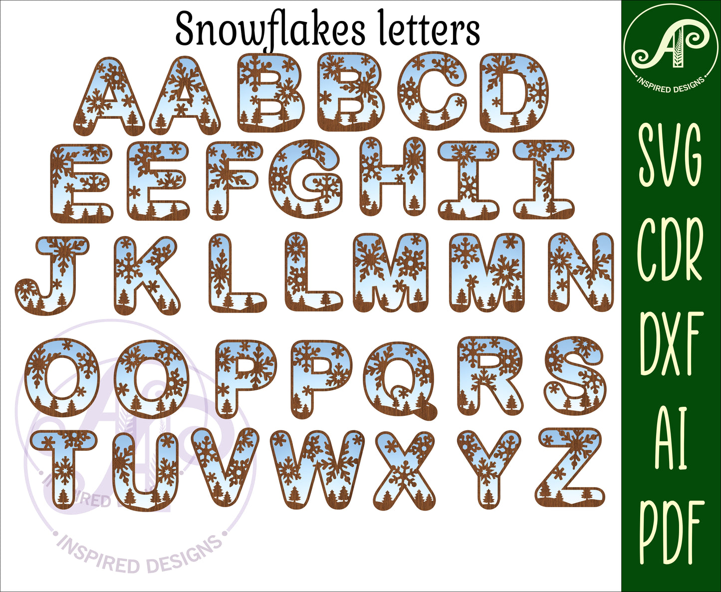 Snowflake alphabet letter set. 34 letter options