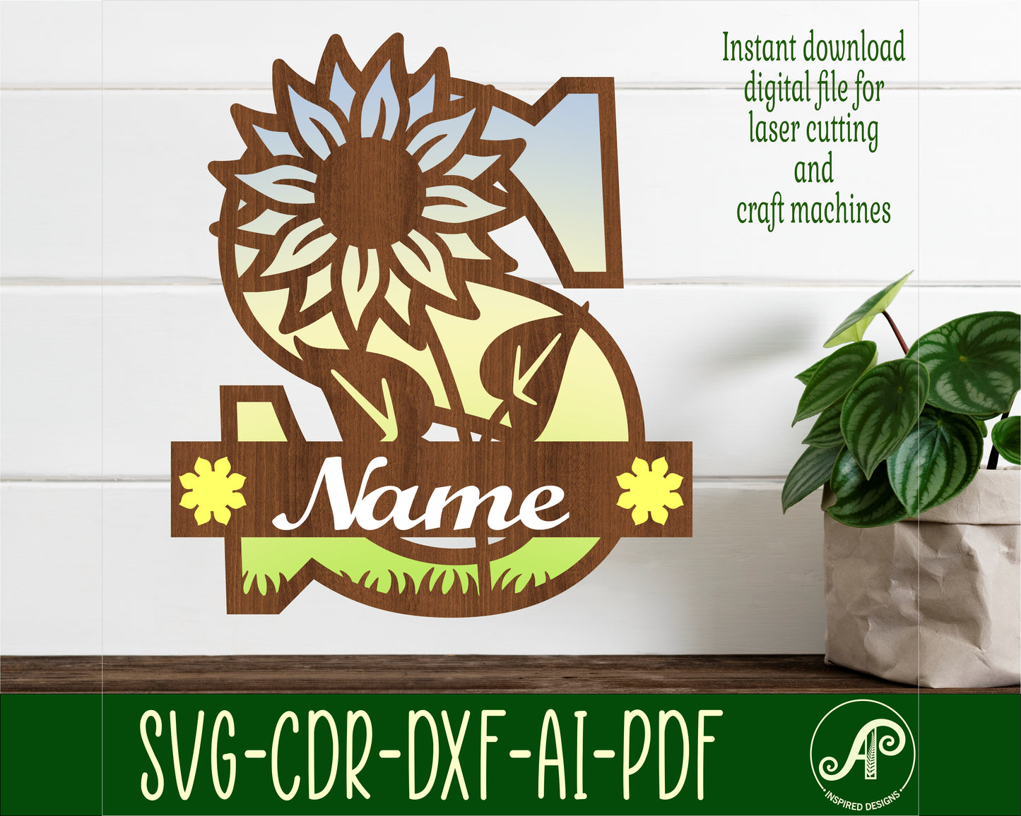 Sunflower layered monogram sign SVG / DXF / AI / PDF / CDR