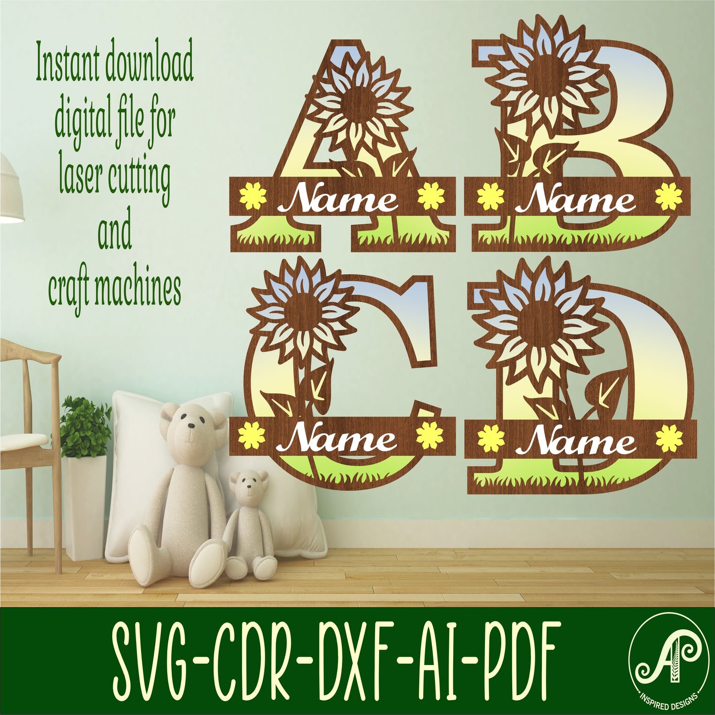 Sunflower layered monogram sign SVG / DXF / AI / PDF / CDR