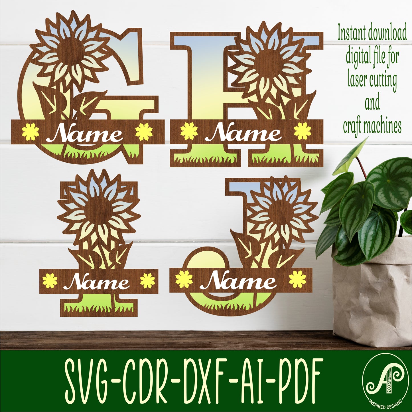 Sunflower layered monogram sign SVG / DXF / AI / PDF / CDR