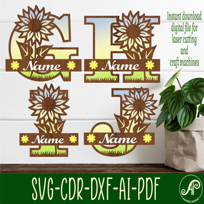 Sunflower layered monogram sign SVG / DXF / AI / PDF / CDR