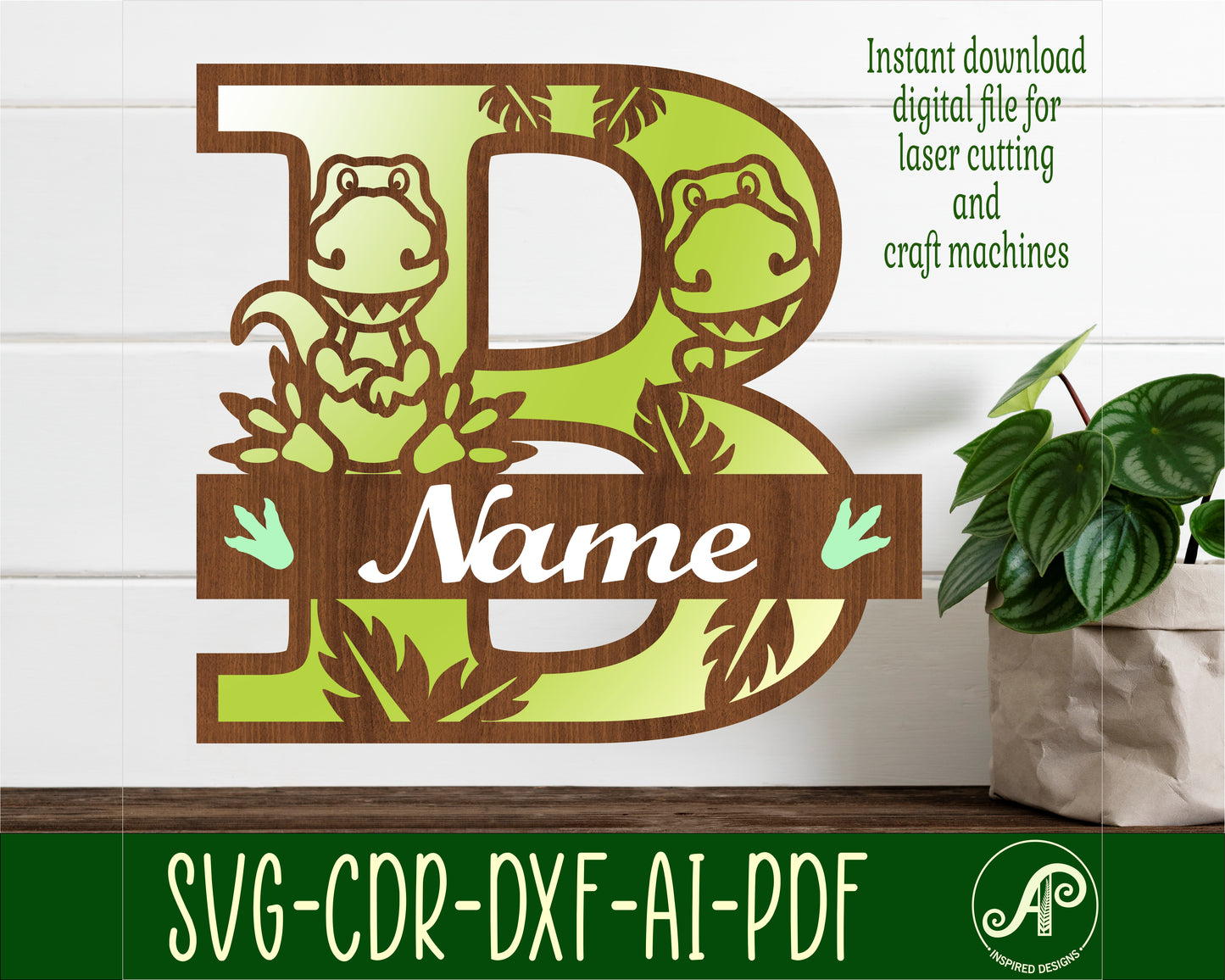 Cute Dinosaur layered monogram sign SVG / DXF / AI / PDF / CDR