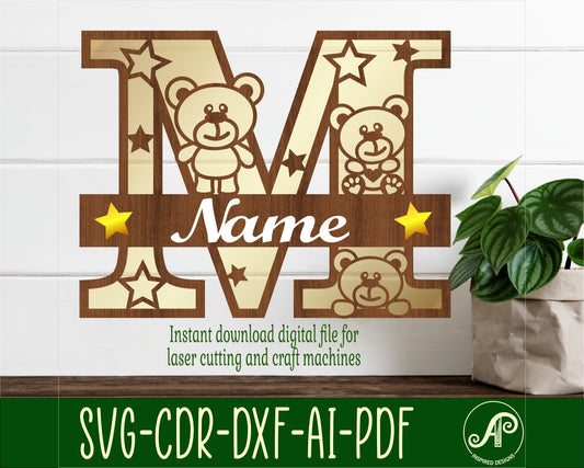 Teddy bear layered monogram sign SVG / DXF / AI / PDF / CDR