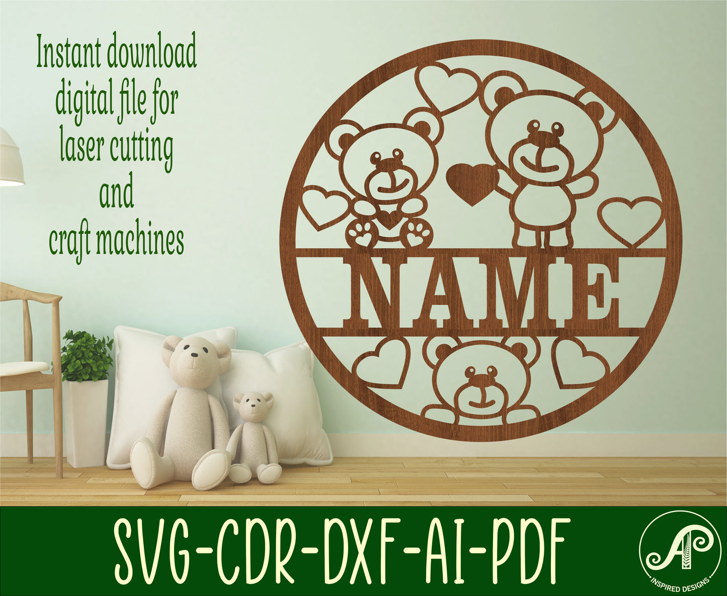 Teddy bears name wall sign. SVG / DXF / AI / PDF / CDR