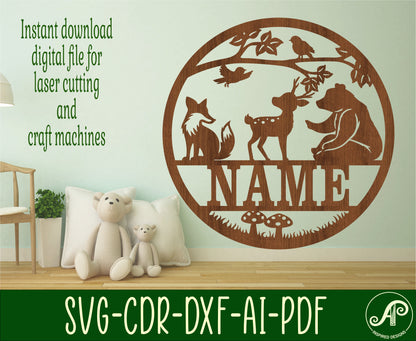 Woodland animals name wall sign. SVG / DXF / AI / PDF / CDR