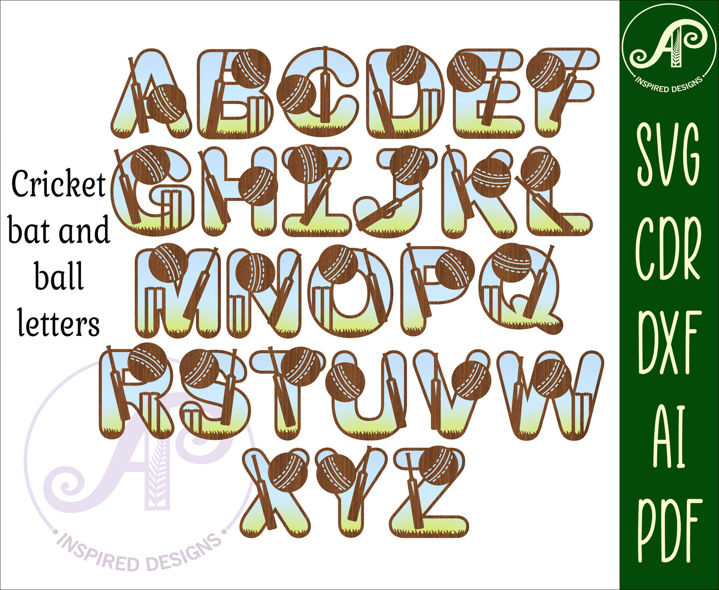 Cricket alphabet letter set. 70 letter options