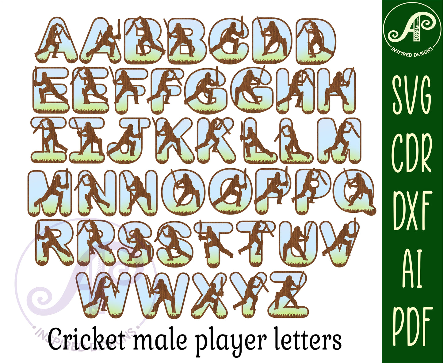 Cricket alphabet letter set. 70 letter options