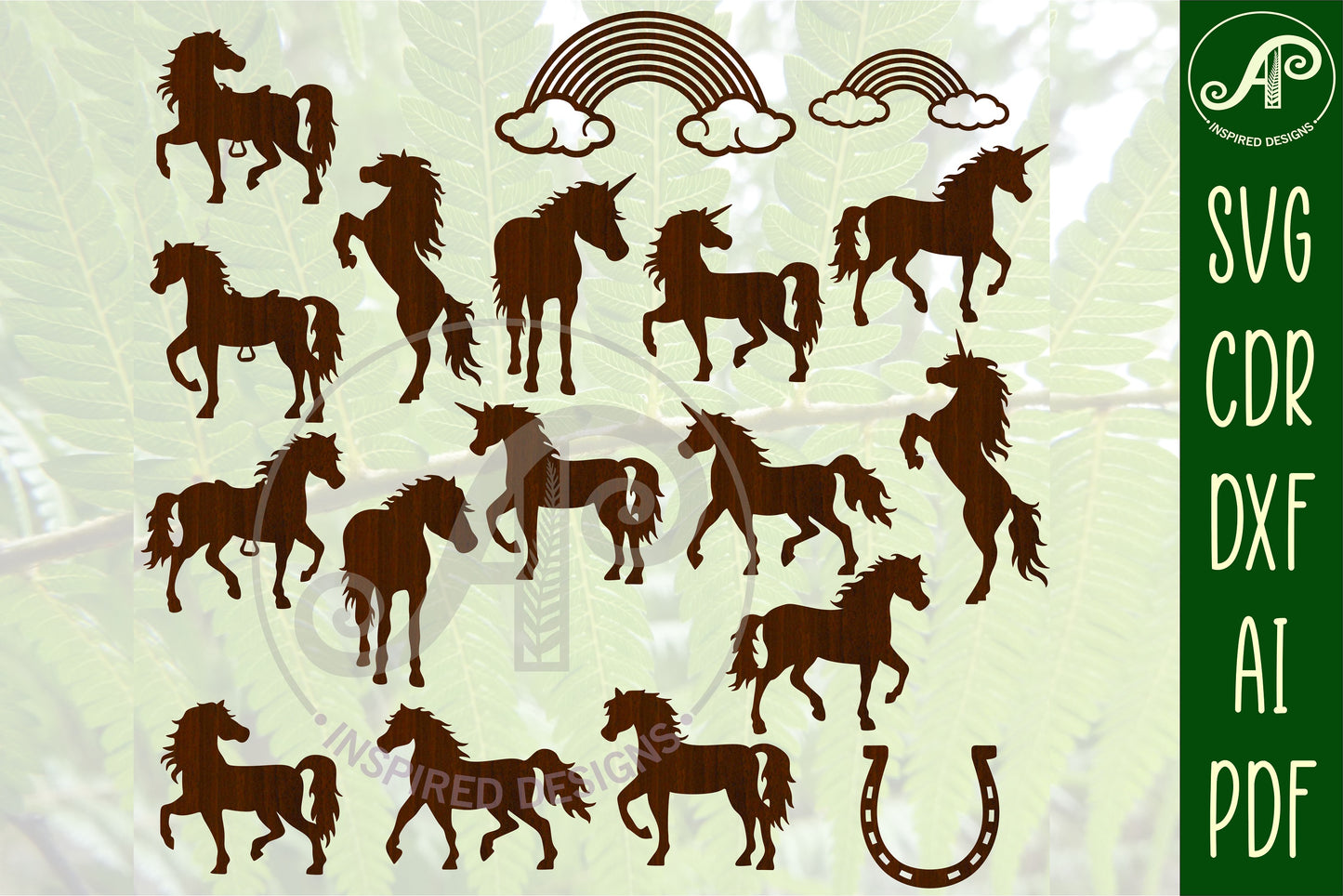 Horse and unicorn designs, 18 silhouette shapes