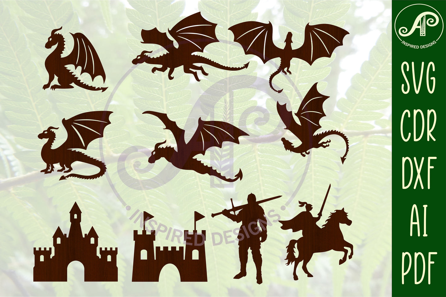 Dragons, castles and knights designs, 10 silhouette shapes