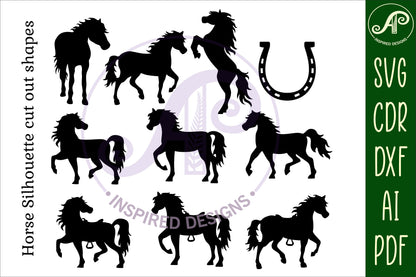 Horse and unicorn designs, 18 silhouette shapes