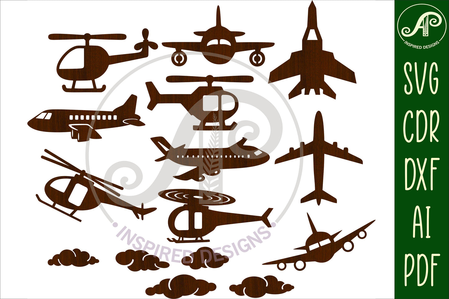 Planes and helicopters designs, 18 silhouette shapes