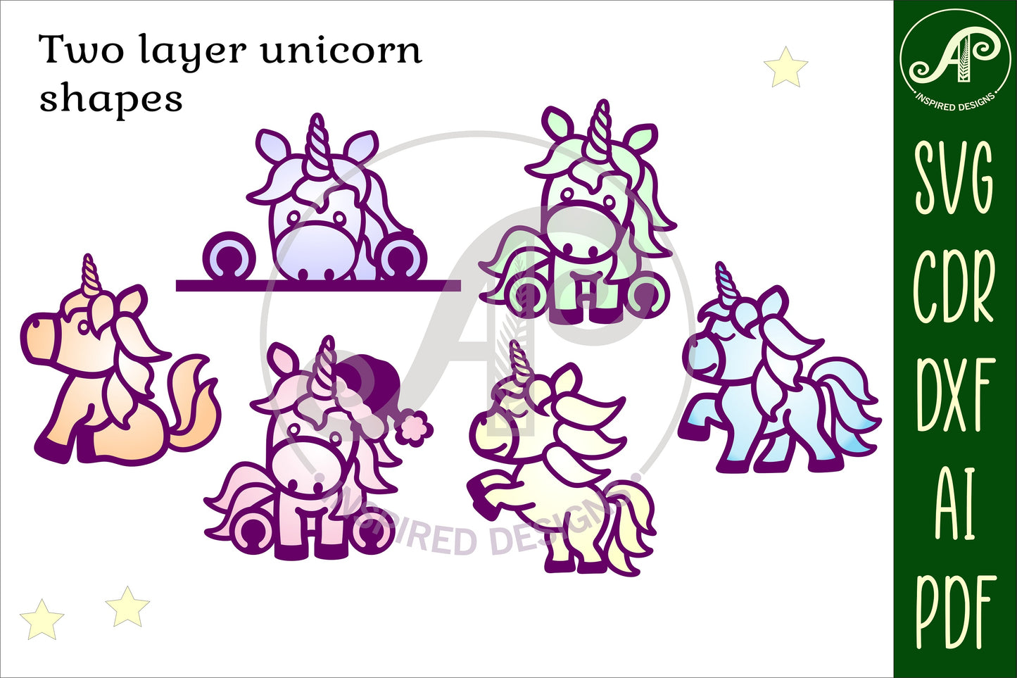 Unicorn designs, 6 two layer shapes