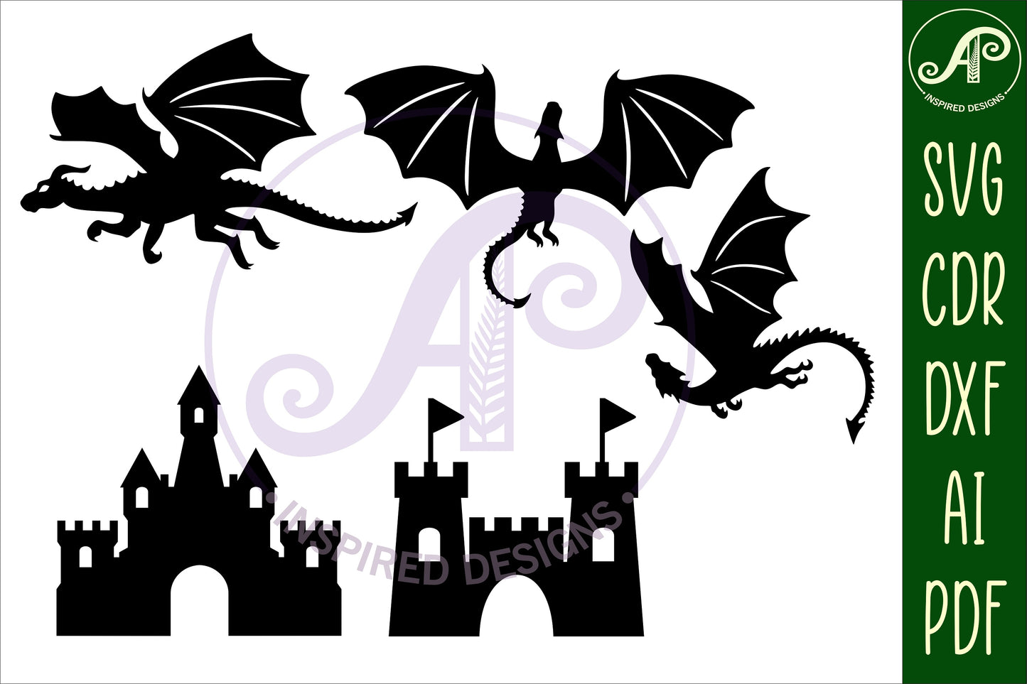 Dragons, castles and knights designs, 10 silhouette shapes