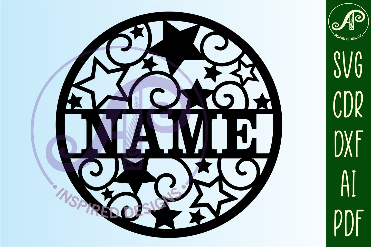 Stars and swirls name wall sign. SVG / DXF / AI / PDF / CDR