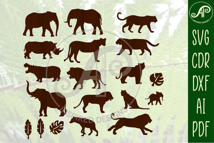 Safari animals designs, 54 silhouette shapes