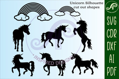 Horse and unicorn designs, 18 silhouette shapes