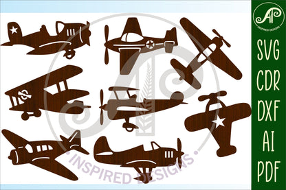 Planes and helicopters designs, 18 silhouette shapes