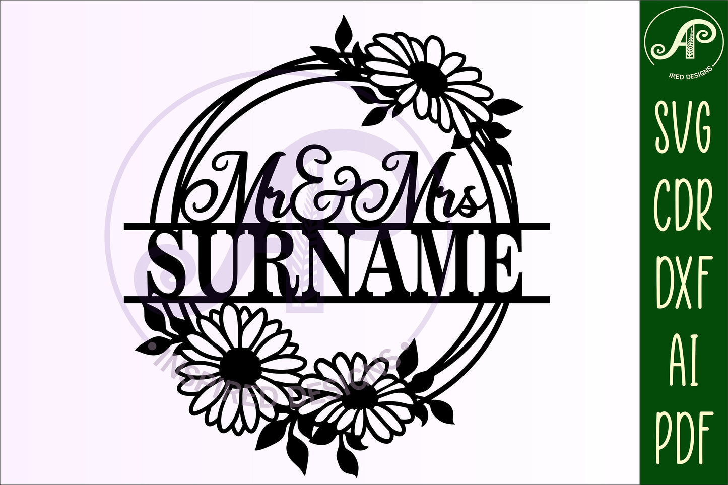 Flower wreath Mr and Mrs name sign SVG / DXF / AI / PDF / CDR