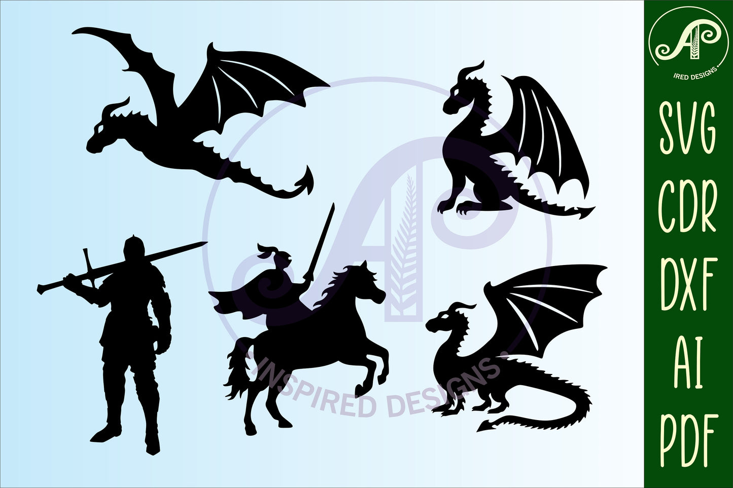 Dragons, castles and knights designs, 10 silhouette shapes