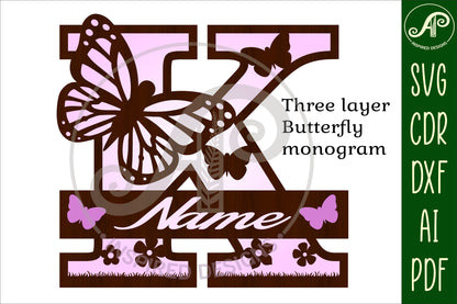 Butterfly layered monogram sign SVG / DXF / AI / PDF / CDR