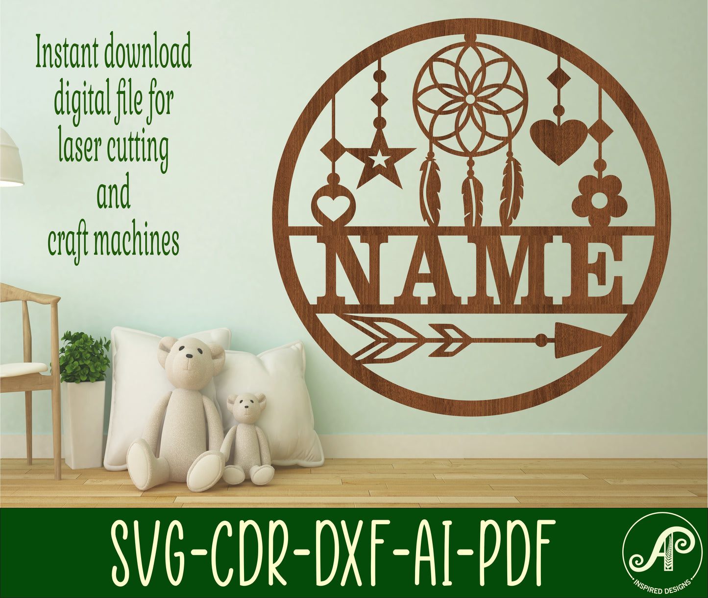 Dreamcatcher name wall sign. SVG / DXF / AI / PDF / CDR