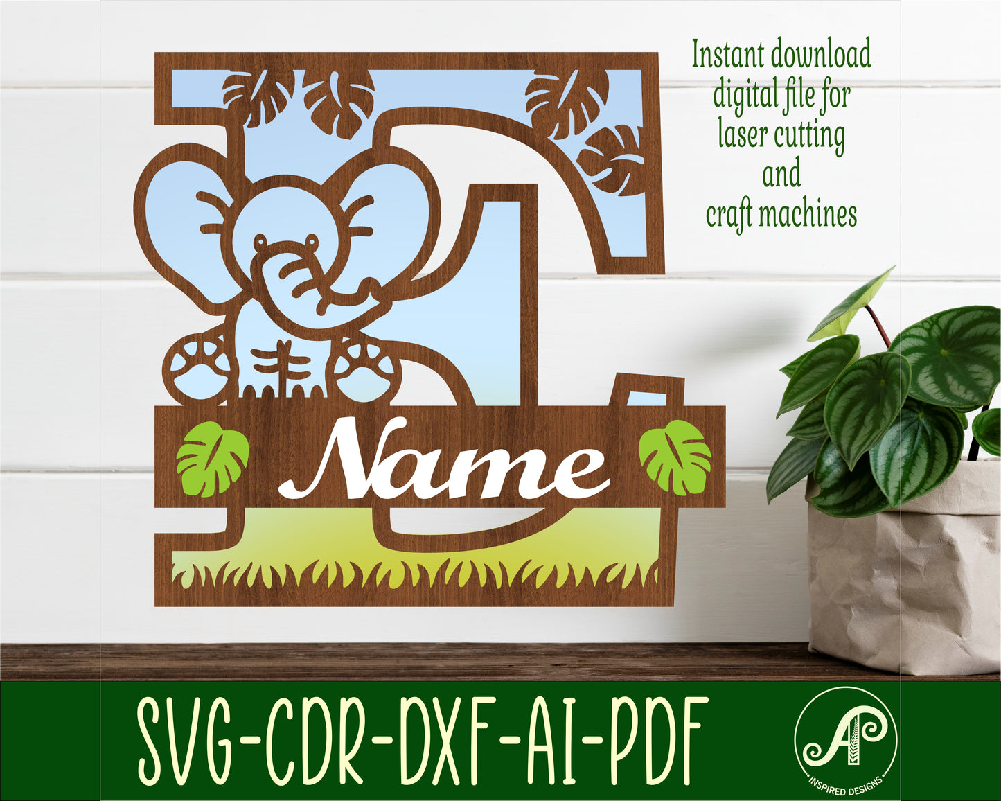 Elephant layered monogram sign SVG / DXF / AI / PDF / CDR