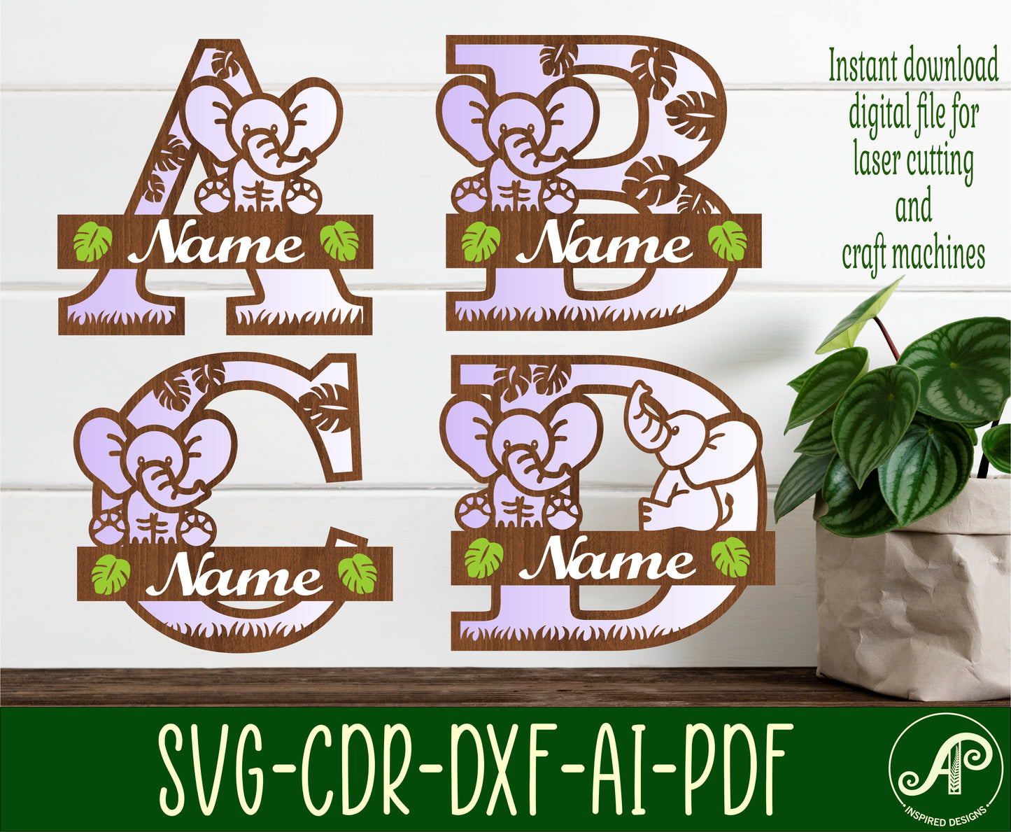 Elephant layered monogram sign SVG / DXF / AI / PDF / CDR