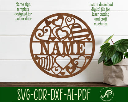 Hearts name wall sign. SVG / DXF / AI / PDF / CDR