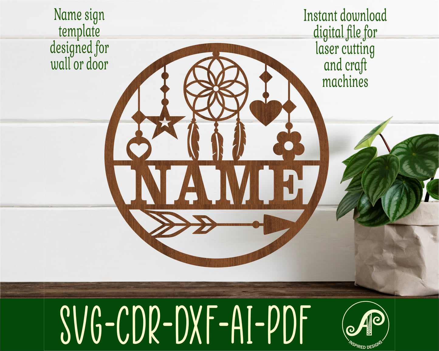 Dreamcatcher name wall sign. SVG / DXF / AI / PDF / CDR